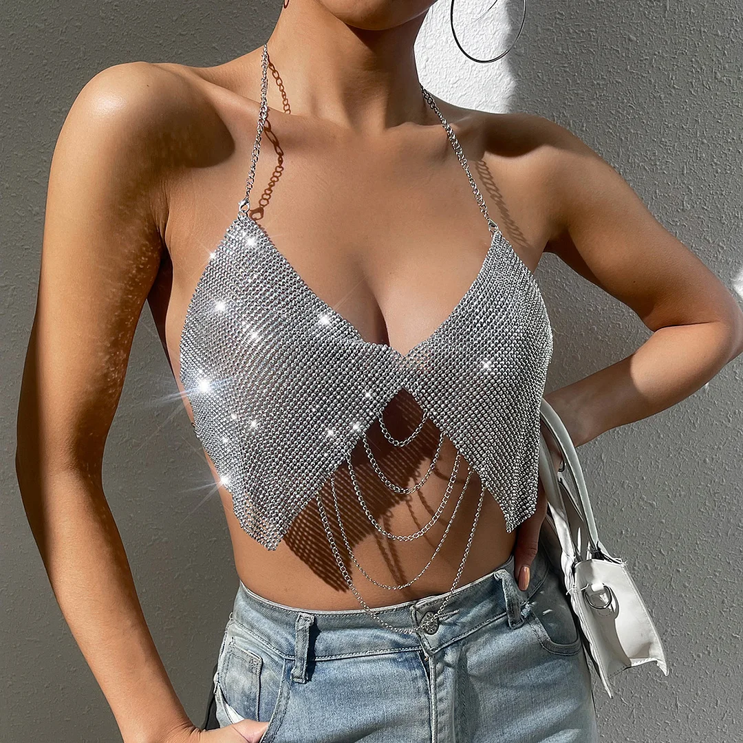 Uveng Uveng Sexy Flash Diamond Sling Type Slim Nightclub Versatile Back Wrapped Chest Vest Y3487
