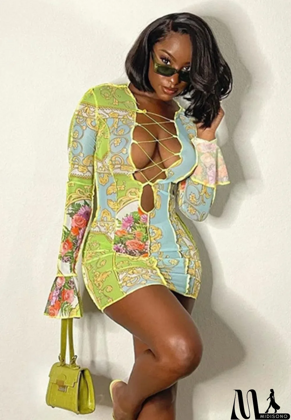 MidiSono - Autumn Print Green Sexy Lace-Up Mini Club Dress