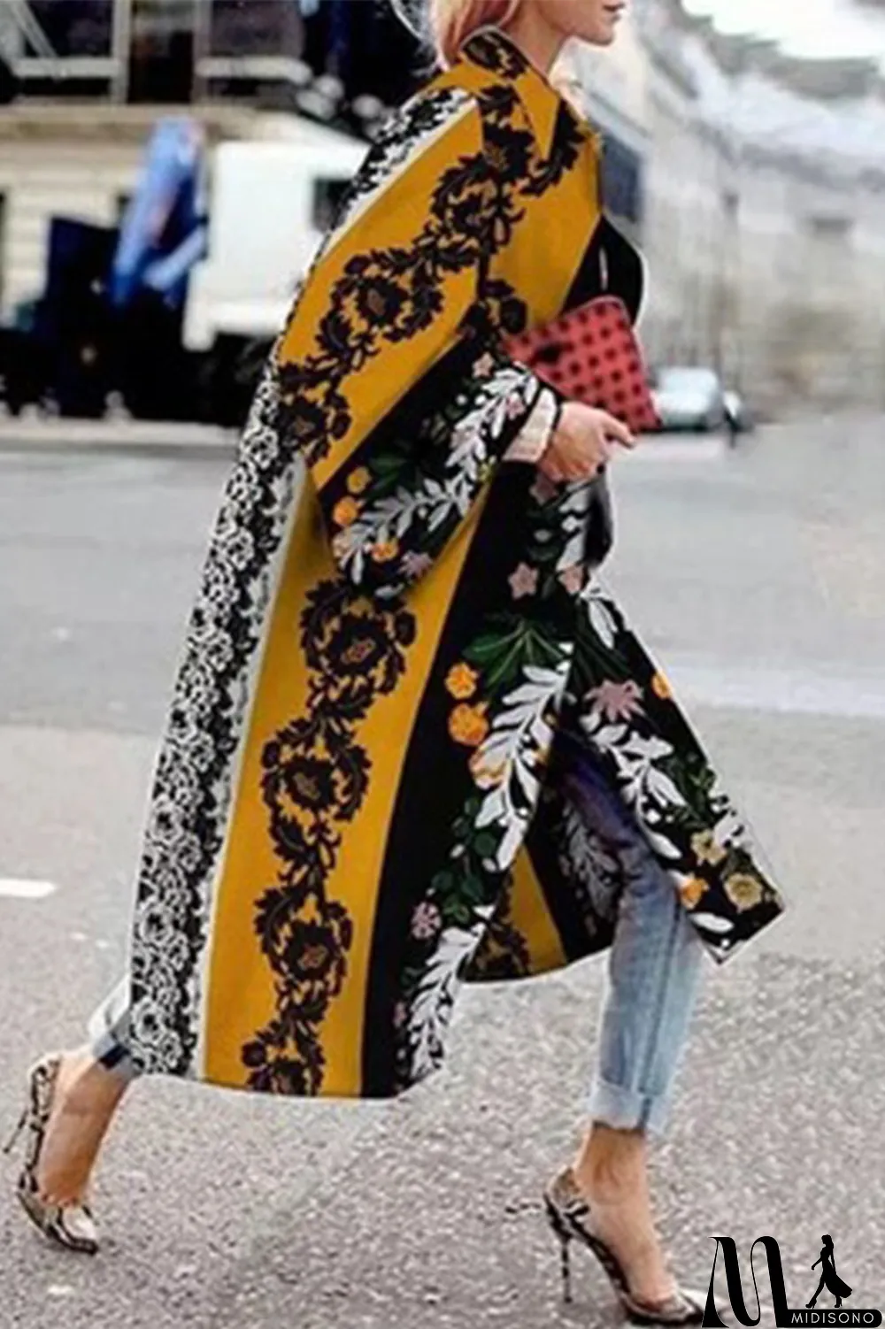 MidiSono - Yellow Blue Street Camouflage Print Patchwork Turndown Collar Outerwear