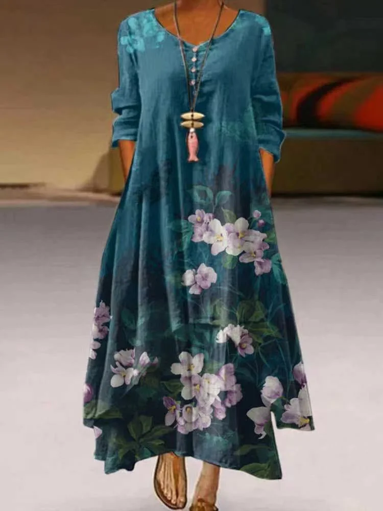Women's Long Sleeve V-neck Floral Printed Midi Dress