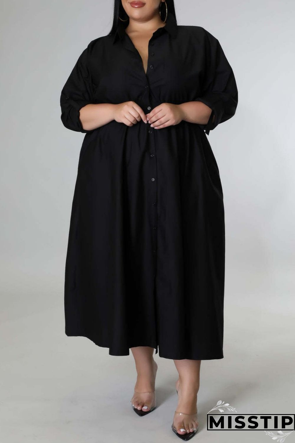 Blue Casual Solid Patchwork Turndown Collar Shirt Dress Plus Size Dresses