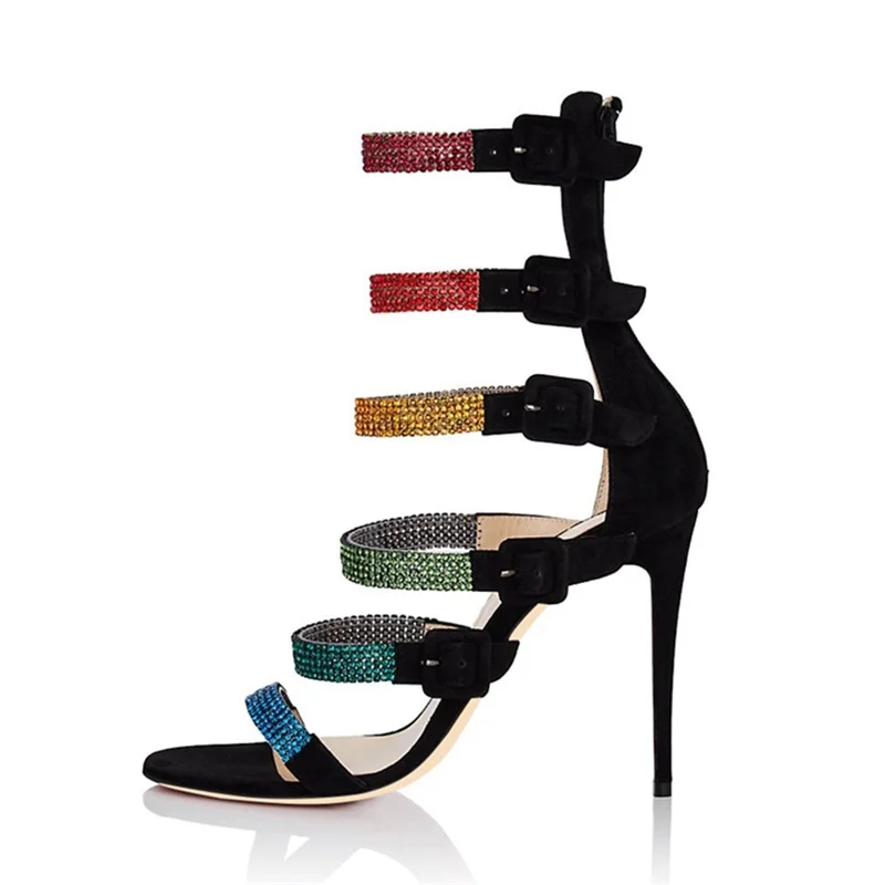 Black Suede and Multicolor Rhinestone Straps Gladiator Heels Sandals Nicepairs