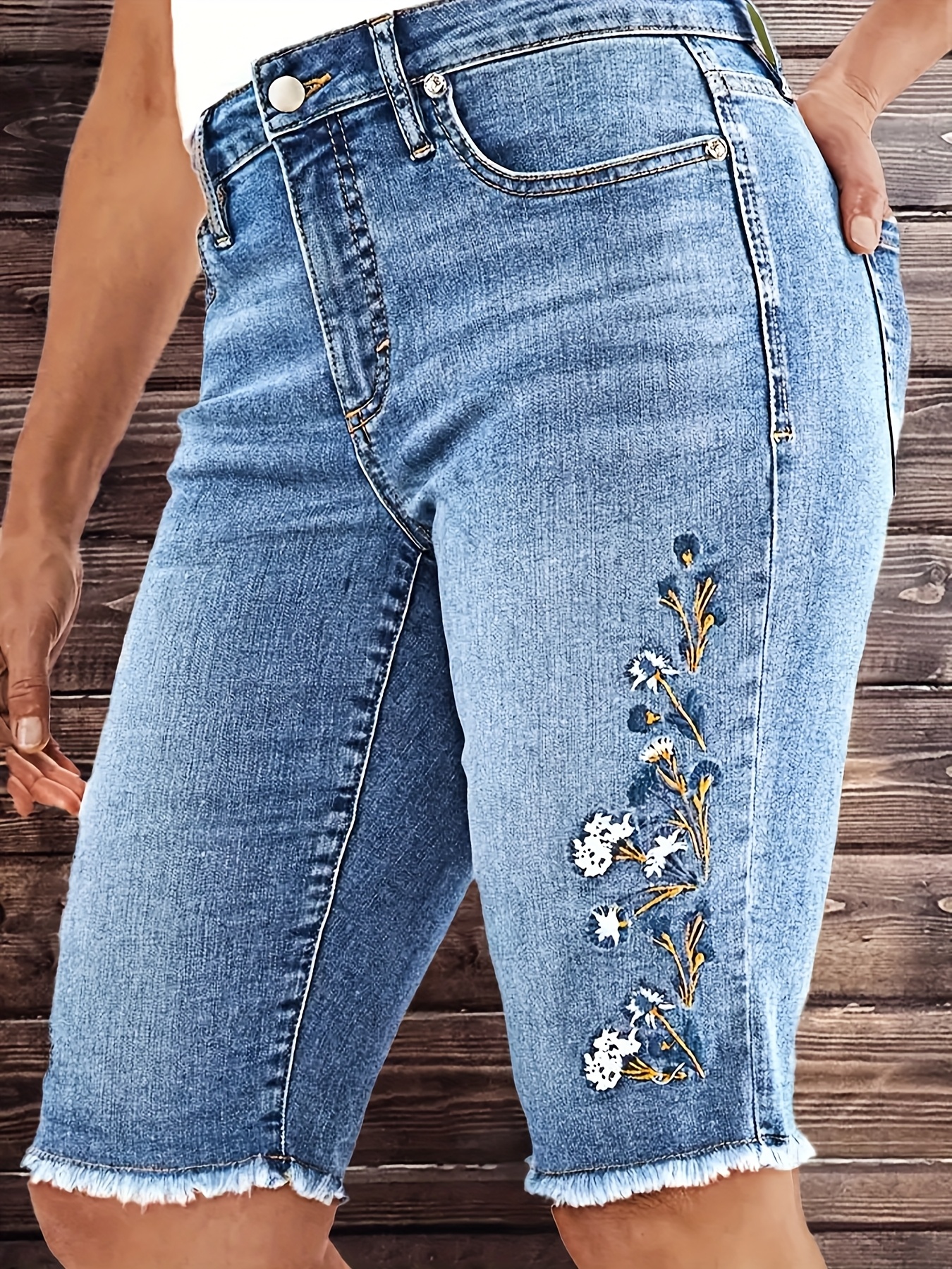 Women's Vintage Mid-Length Jeans - Elastic Slim-Fit Mid-Rise Denim With Heavy Washed Blue Finish, Five-Inch Length & Built-In Zipper For Spring/Summer Casual Wear, Ladies Jeans, Weekend Style, Retro Style, Durable Stitching, Fitted Trousers | IFYHOME
