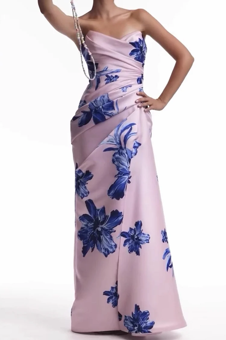 Semi Formal Pink Floral Print Strapless Pleated Slit Maxi Dress