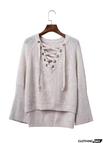 V Neck Solid Color Long Sleeve Knit Sweater