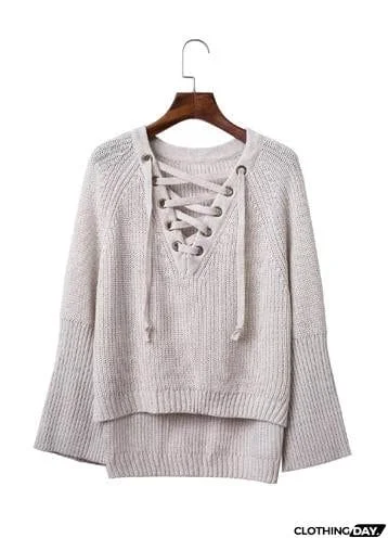 V Neck Solid Color Long Sleeve Knit Sweater