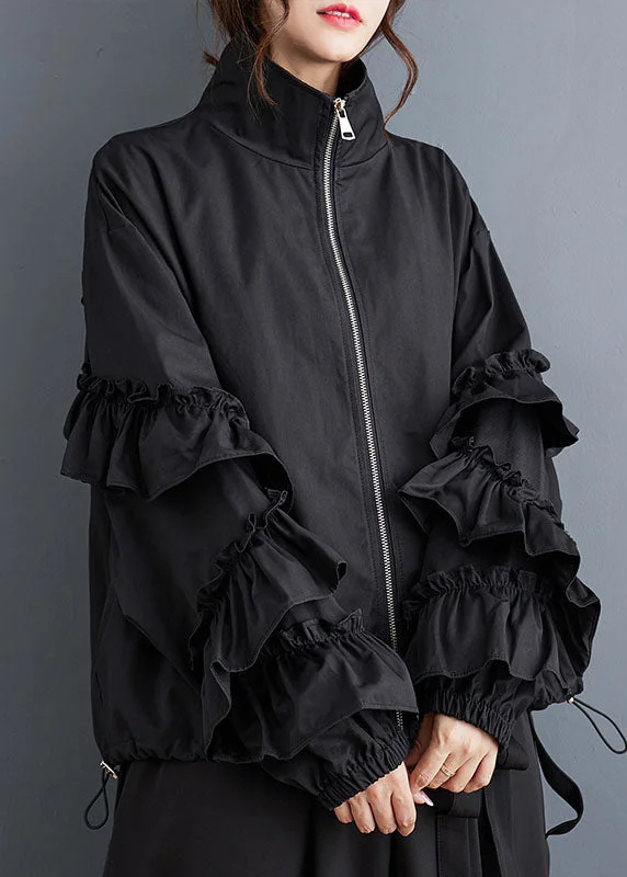 Simple Black Stand Collar Ruffled Patchwork Drawstring Zippered Coats Fall