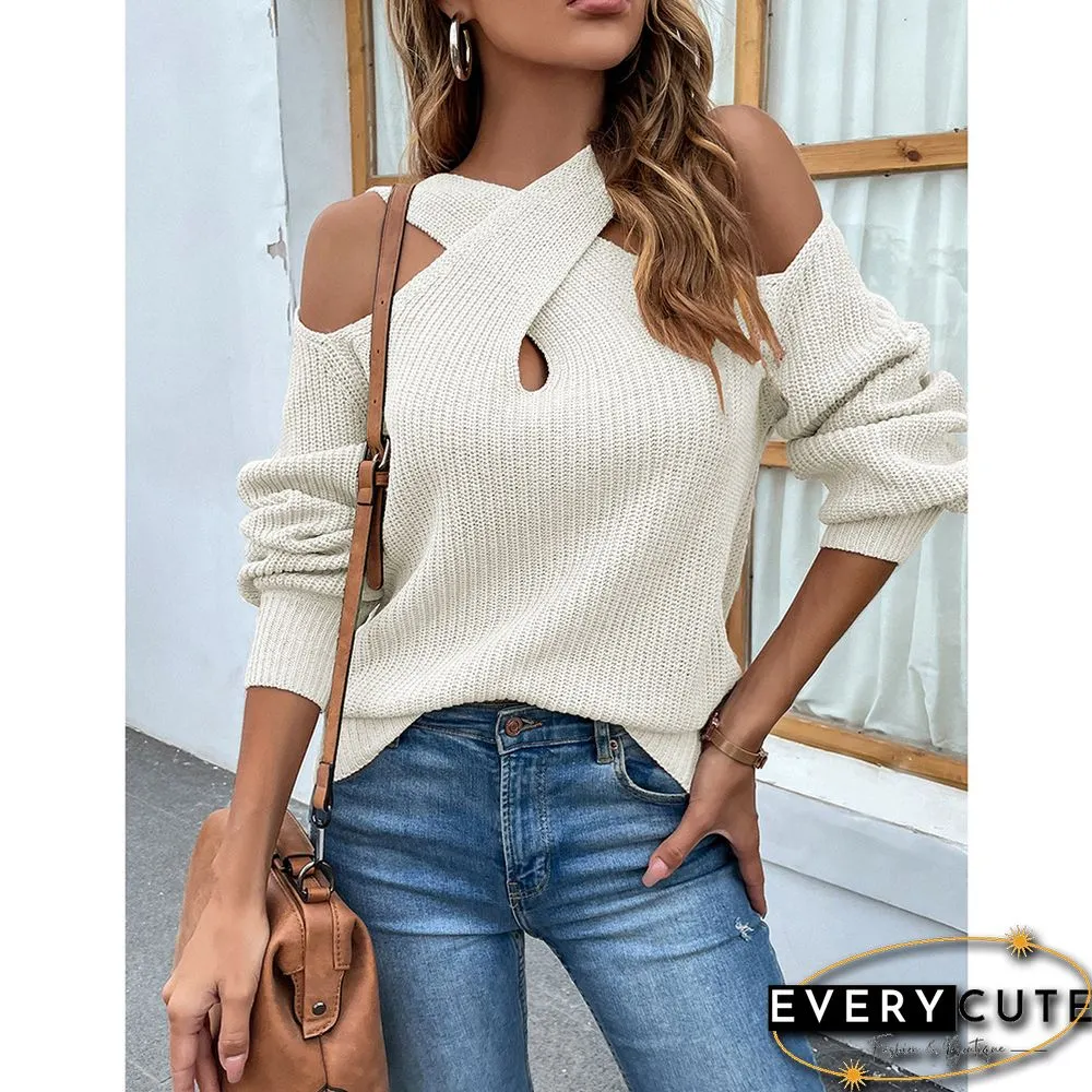 Beige Cross Halter Puff Sleeve Knit Sweater