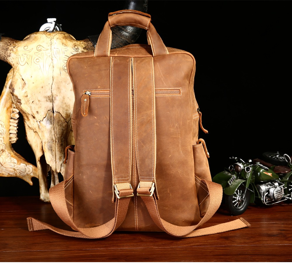 Back View of Woosir Crazy Horse Genuine Leather Backpack Multi Pockets