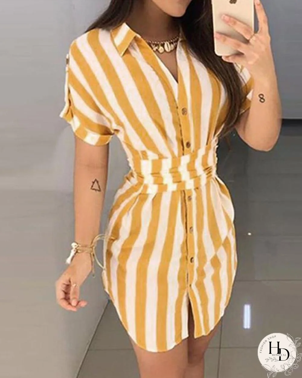 Women's Striped Printed Shirt Dress