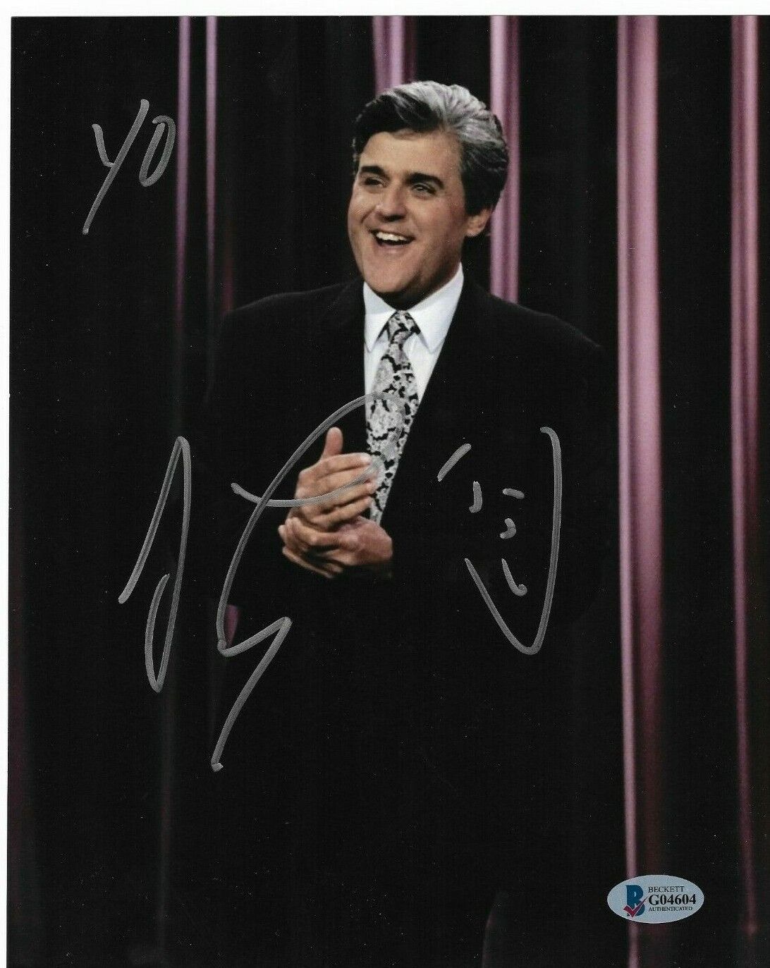 Yo Drawn Happy Face Signed Jay Leno 8x10 Photo Poster painting Beckett TV Host Comedian Writer