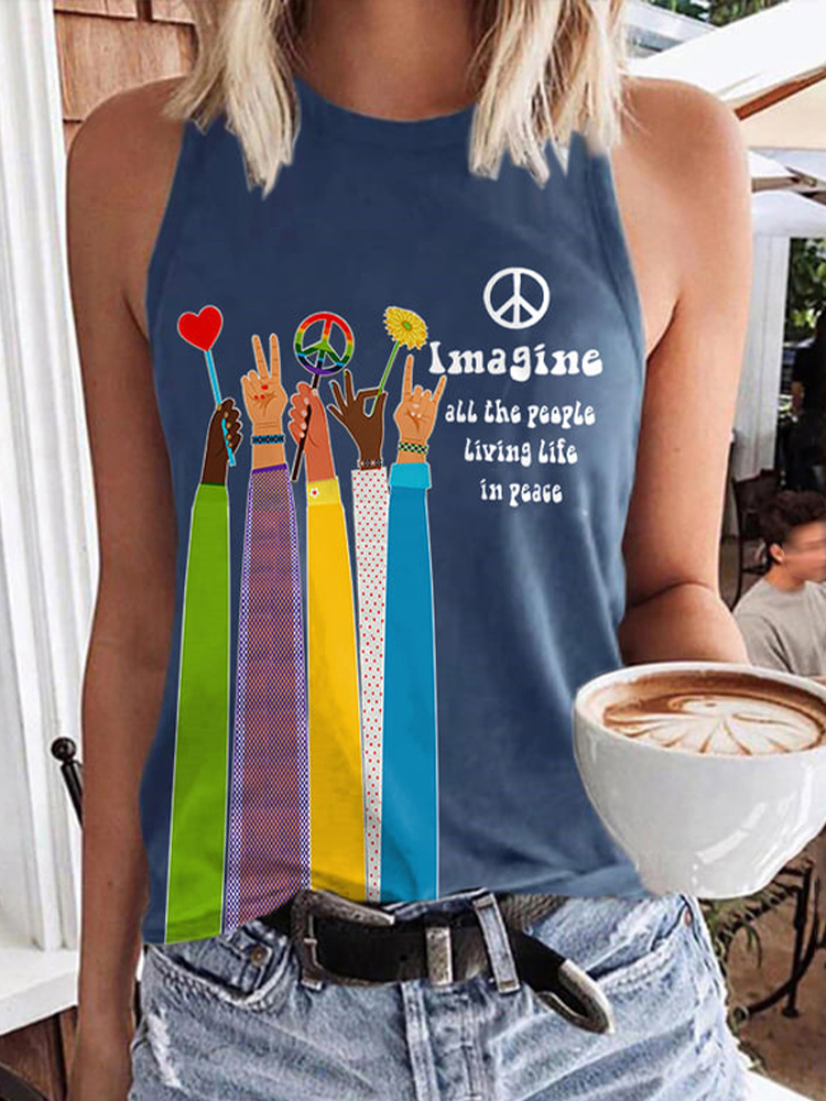 Comstylish Retro Hippie Imagine All The People Living Life In Peace Print Tank Top