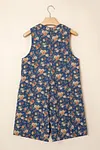 Women's Blue Retro Design Floral Print Bow Tie Pleated Loose Denim Romper