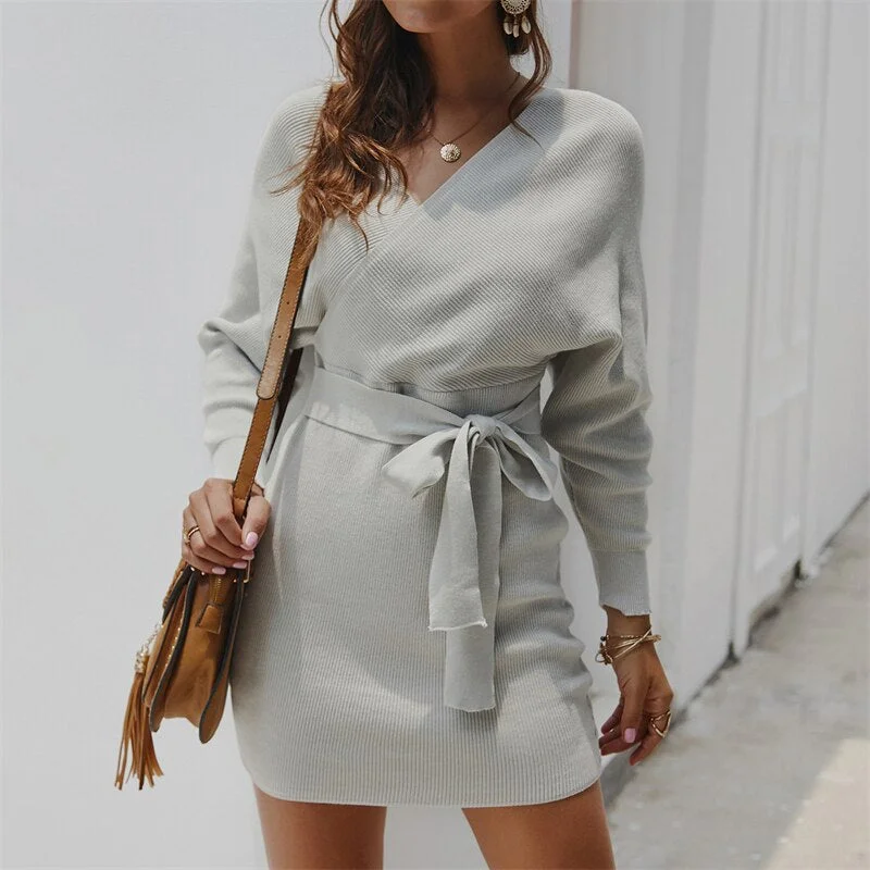 Forefair 2021 Autumn Winter Fashion Knitted Women Bodycon Mini Dress Long Sleeve Elegant Party Casual V Neck Ladis Clothing