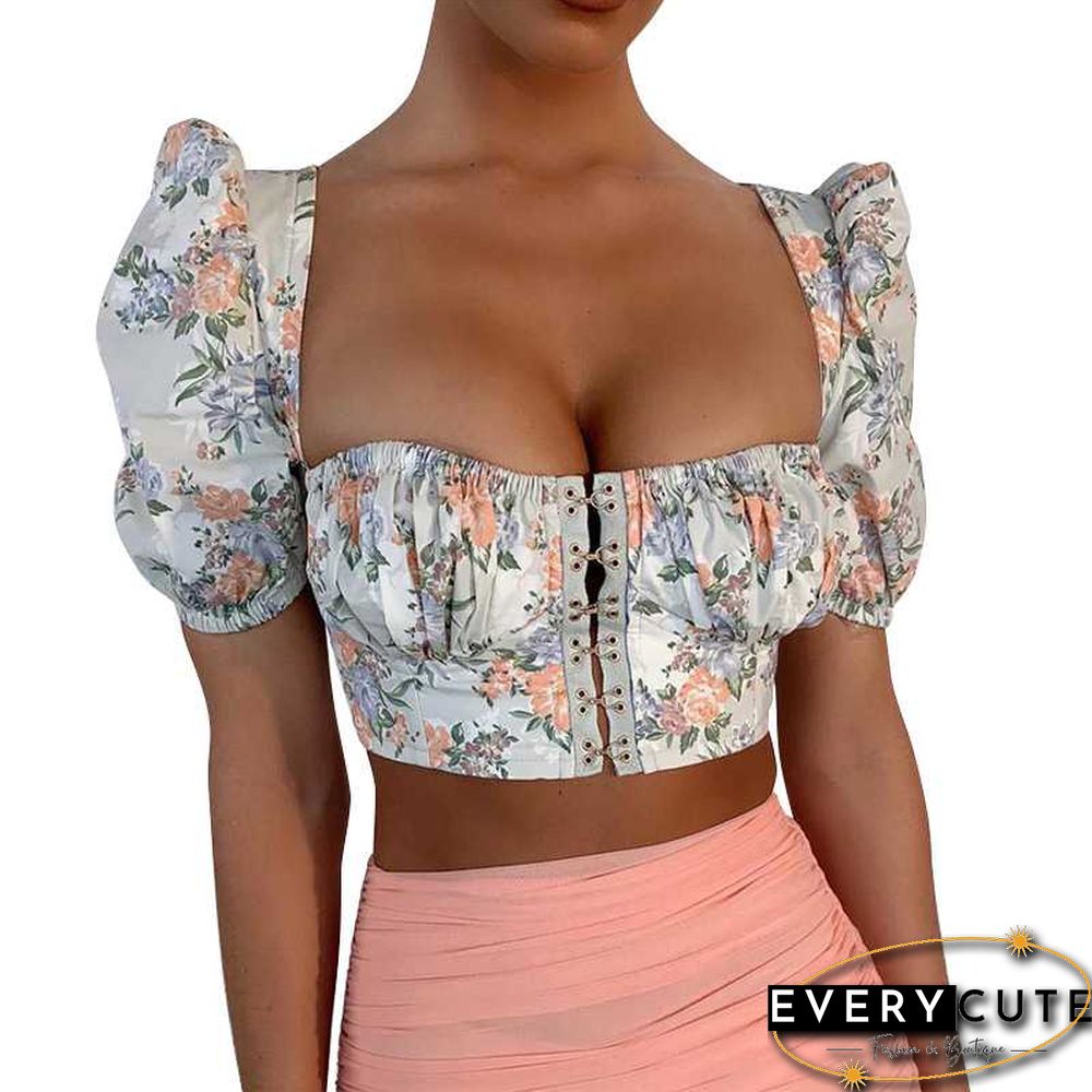 Vintage Floral Print Puff Sleeve Hook And Eye Crop Bodice Top
