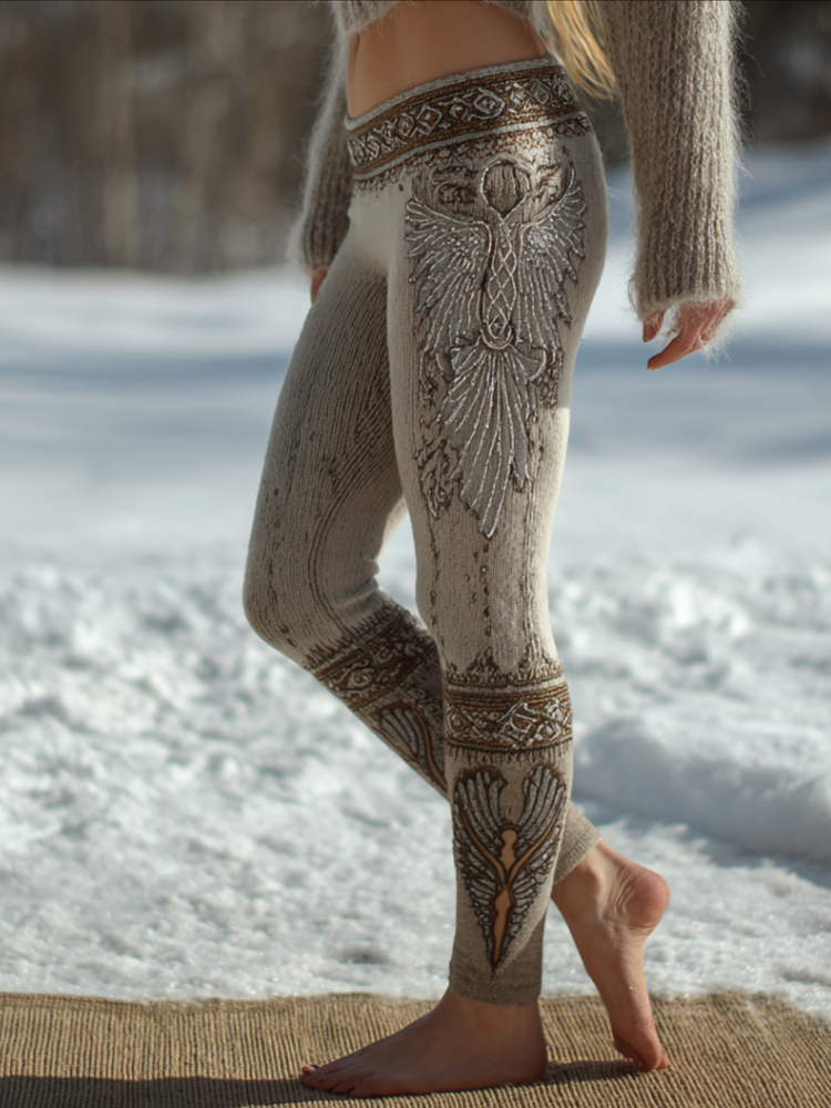 Vintage Viking Wings Art Brown Knit Leggings elevenforest