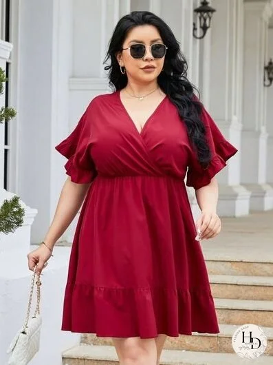Plus Size Ruched Surplice Flounce Sleeve Mini Dress