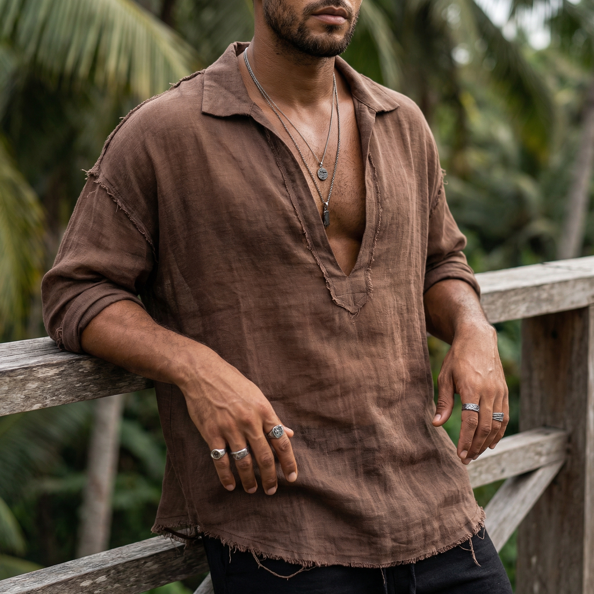 Cotton Linen Draped Long Sleeve Tunic with Fringe Hem for Men