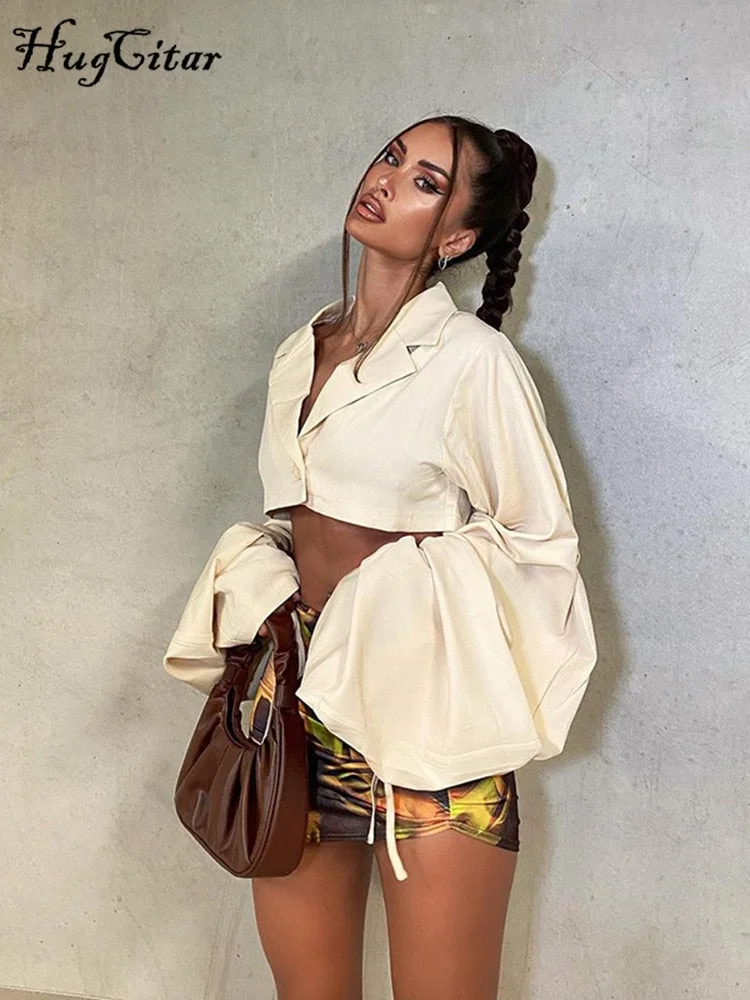 Hugcitar Women Solid Long Loose Flare Sleeve With Drawstring Single-Breasted Crop Top 2021 Autumn Y2K Streetwear Outfit Fashion