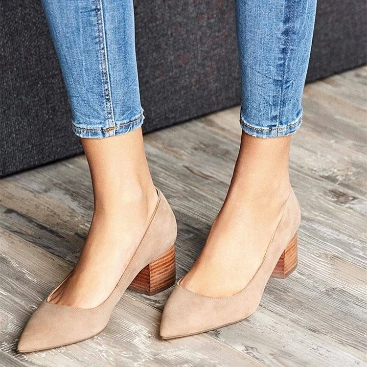 Khaki Pointed Toe Suede Block Heels Pumps for Office Ladies |FSJ Shoes