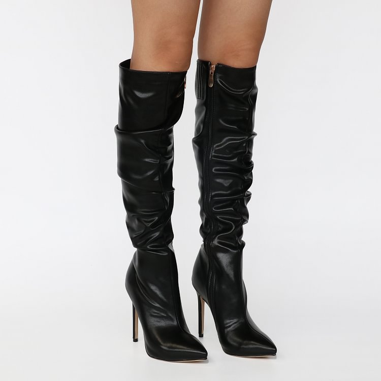 3.94" Women Zipper Leather High Heel Boots