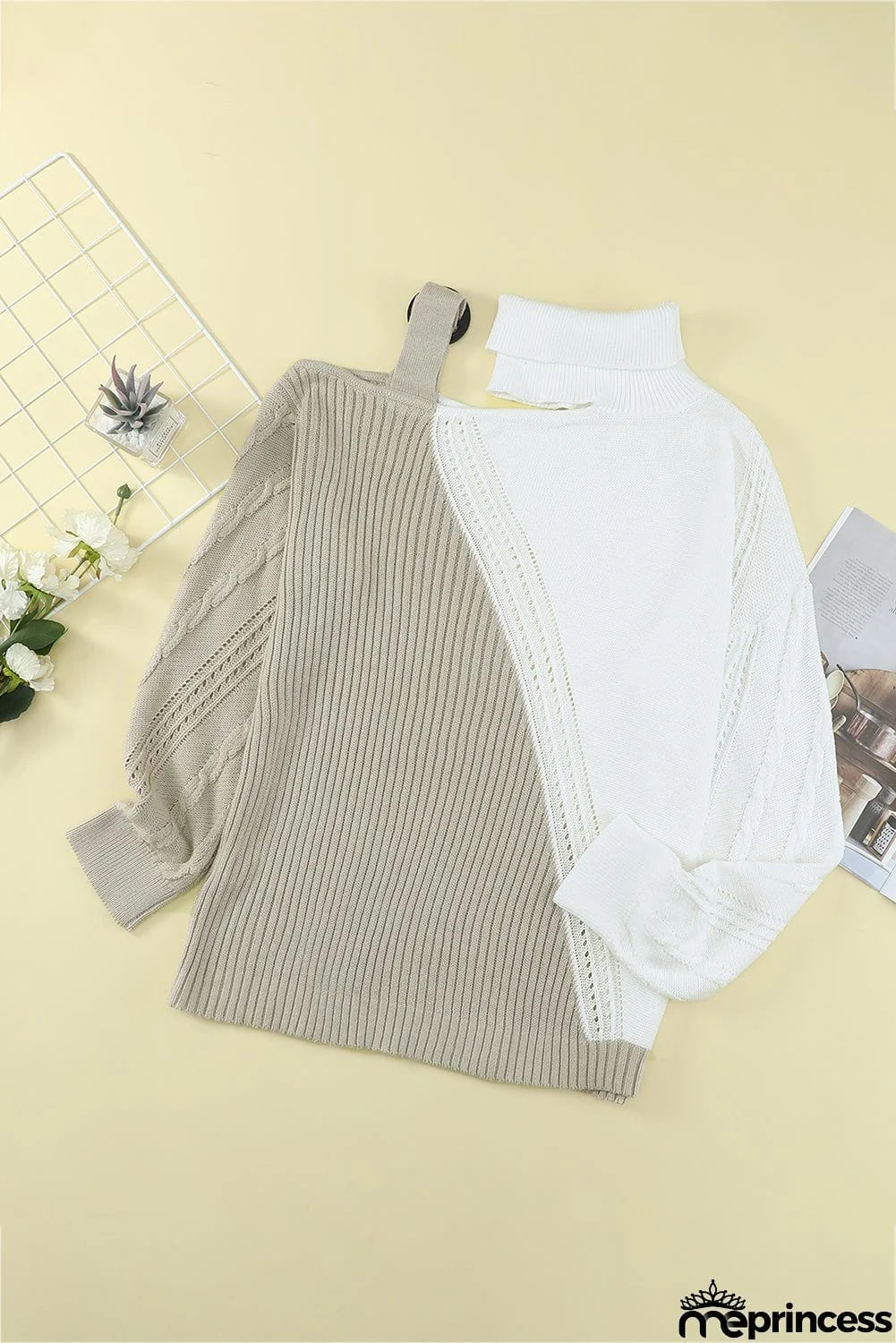 Chic Apricot White Turtleneck Cold Shoulder Sweater