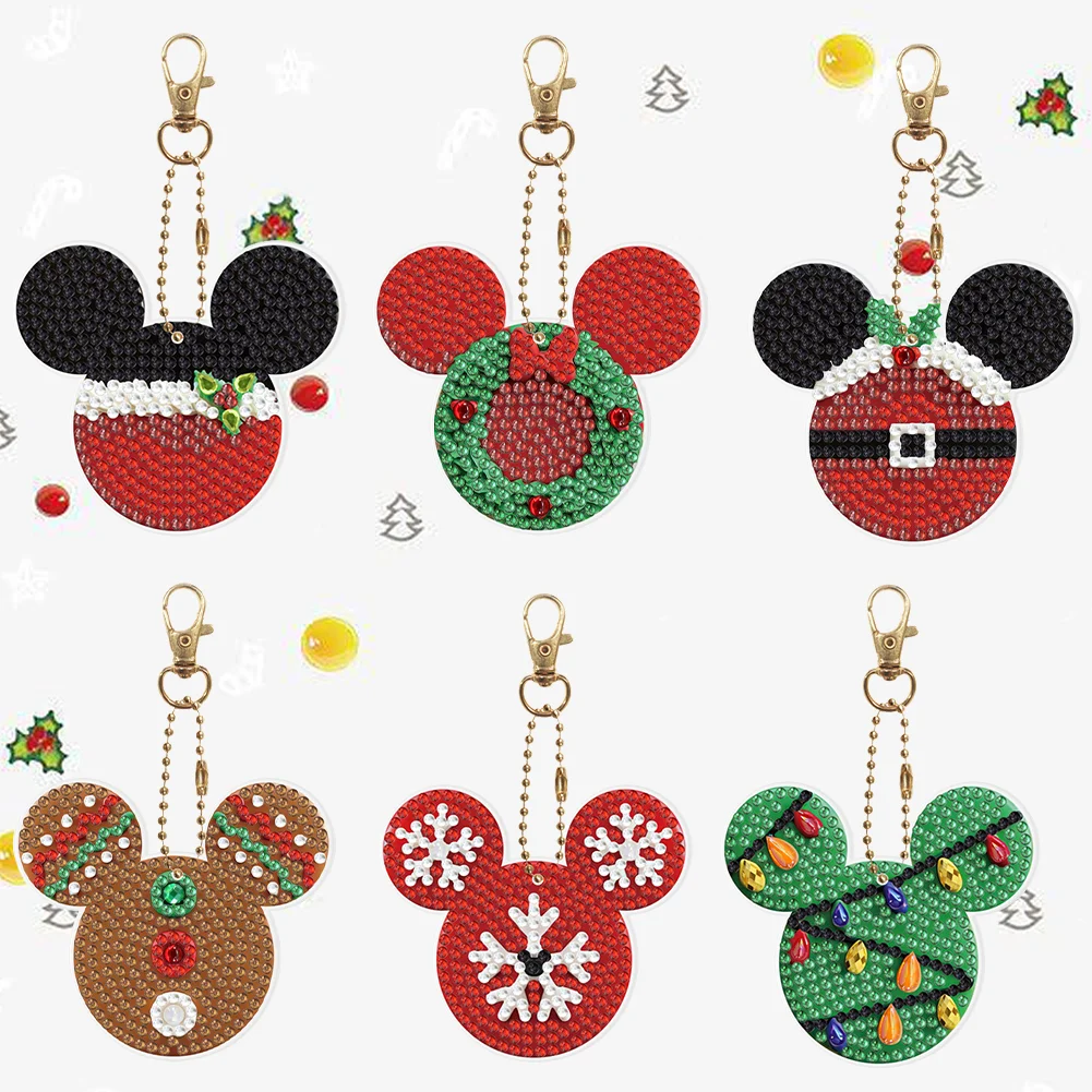 6pcs DIY Xmas Mickey Mouse Diamond Keychains Pendant Double Sided Diamond Art Keychains