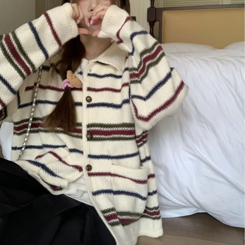 Churchf Churchf 2024 South Korean Autumn And Winter New Loose Lazy Wind Lapel Shows Thin Knit Cardigan Striped Coat Jacket Female