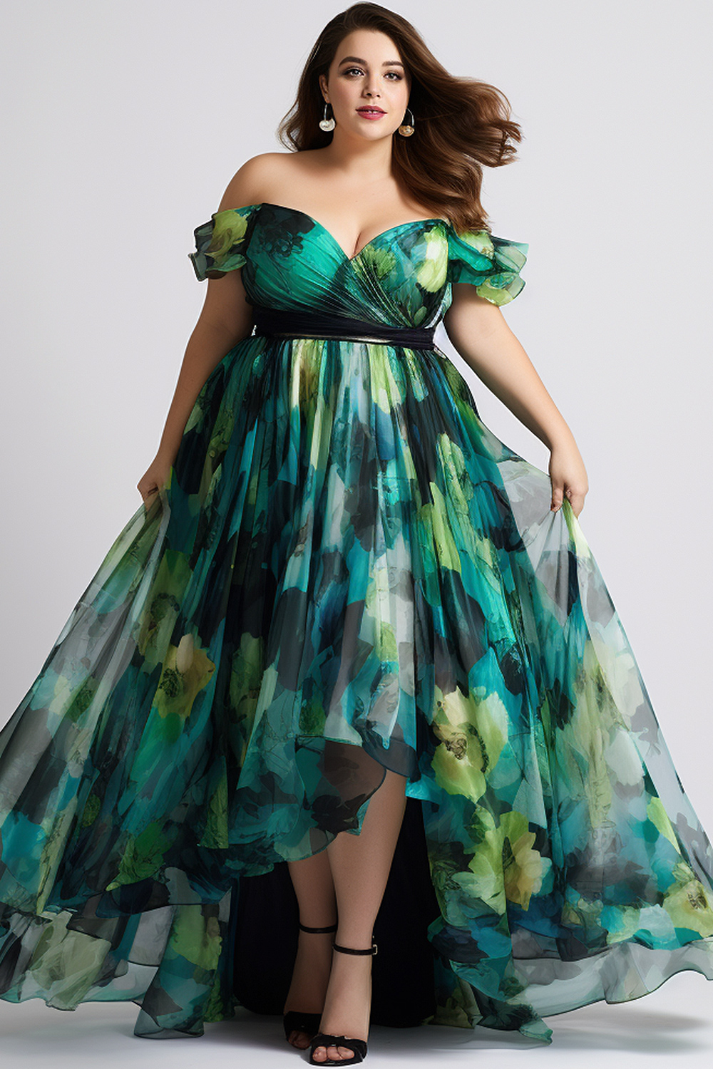 Flycurvy Plus Size Wedding Guest Dark Green Chiffon Floral Print Off The Shoulder High Low Hem Maxi Dress 2024 - Flycurvy 