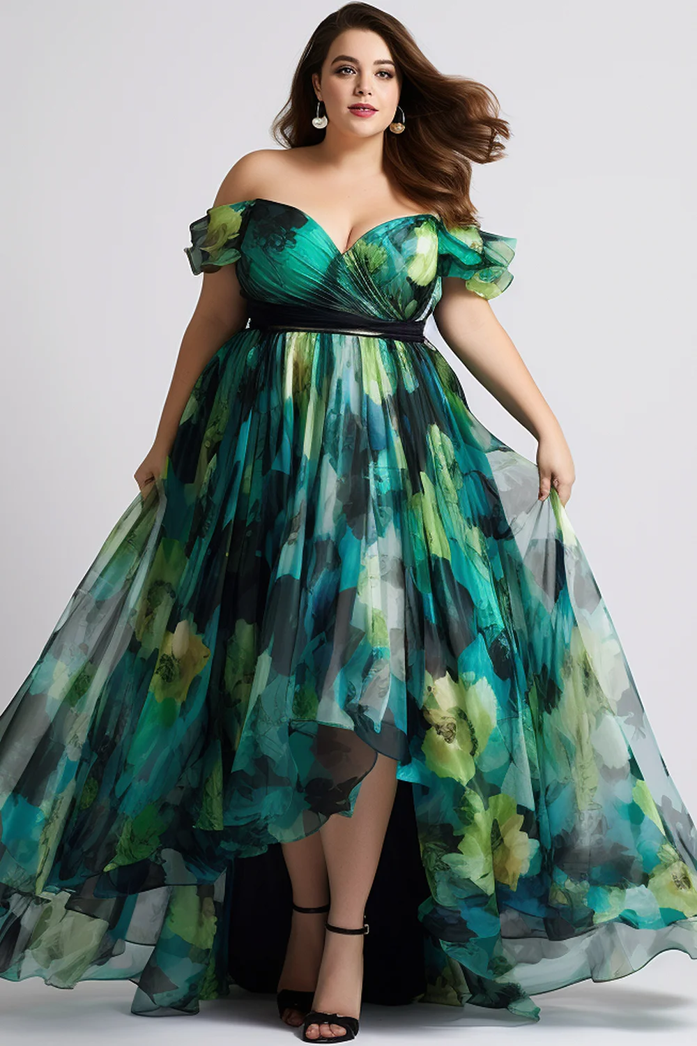 Flycurvy Plus Size Wedding Guest Dark Green Chiffon Floral Print Off The Shoulder High Low Hem Maxi Dress