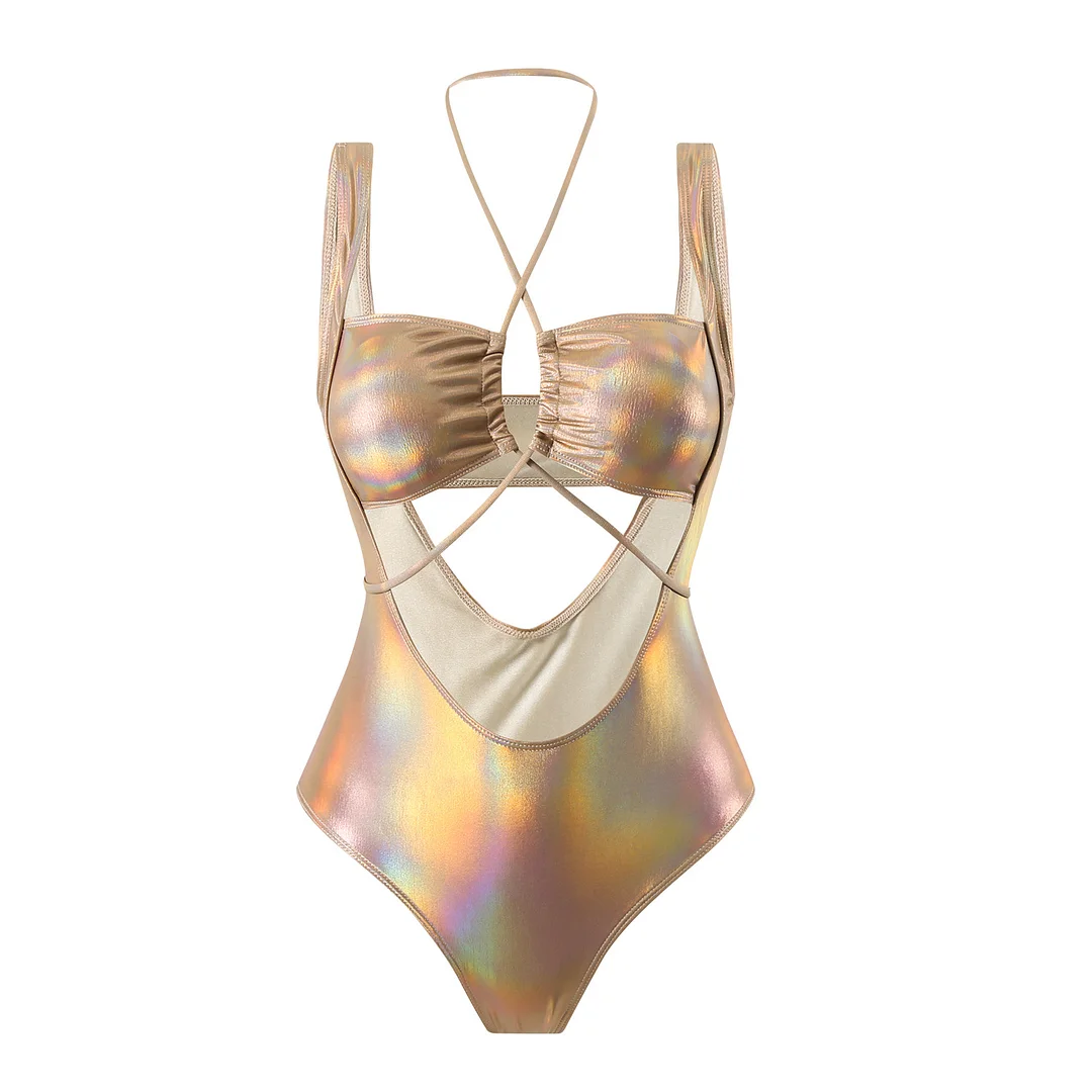 Uveng 2024 Sexy Empty Drawstring New Laser Bright Face Swimsuit Swimsuit Bikini