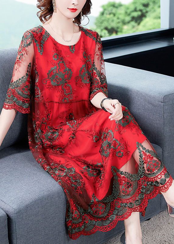 VCSHOES Red O-Neck Embroideried Tulle Vacation Dress Half Sleeve