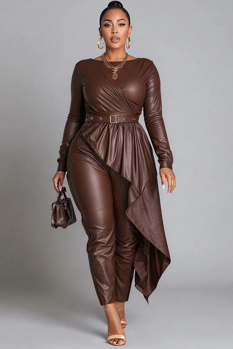 Xpluswear Design Plus Size Business Casual Brown Round Neck Long Sleeve Asymmetric Hem Casual Wrap PU Leather Two Piece Pant Sets