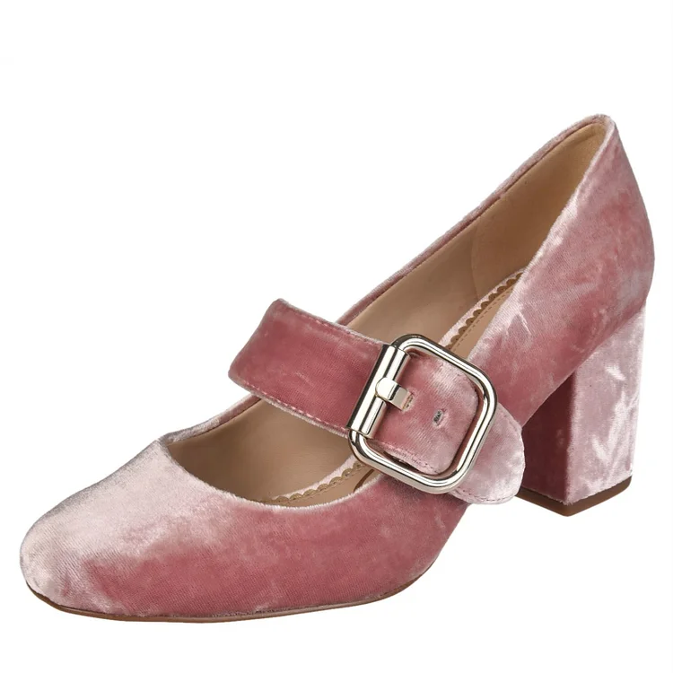 Pink Velvet Mary Jane Pumps Block Heel Vintage Shoes |FSJ Shoes