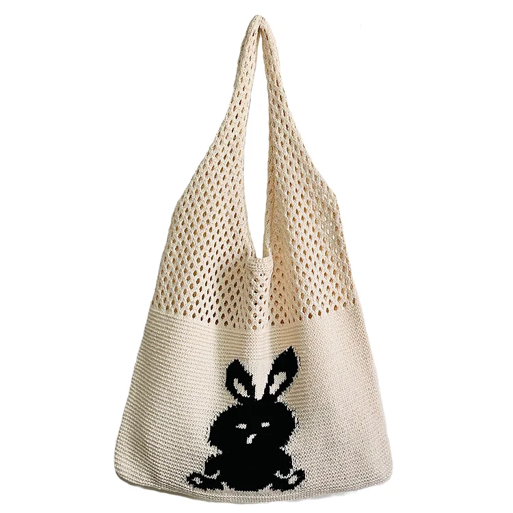 Woven Shoulder Hobo Bags Cartoon Rabbit Weaving Top-handle Bag for Fruit Storage-Annaletters