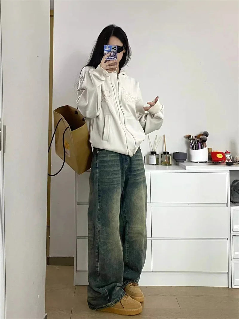 Aiertu Autumn Winter New Ladies Baggy Jeans American High Street Wide Leg Women's Jeans Note Embroidery Women Pants High Waist Aiertu