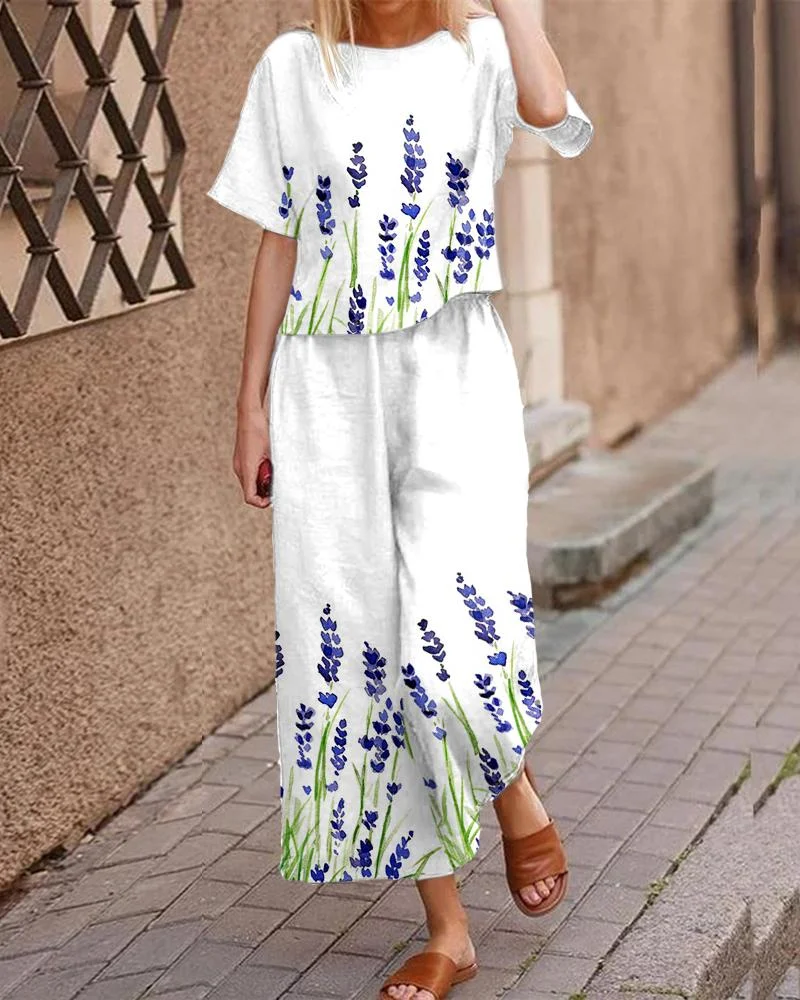 Casual Short Sleeve Floral Print Suit