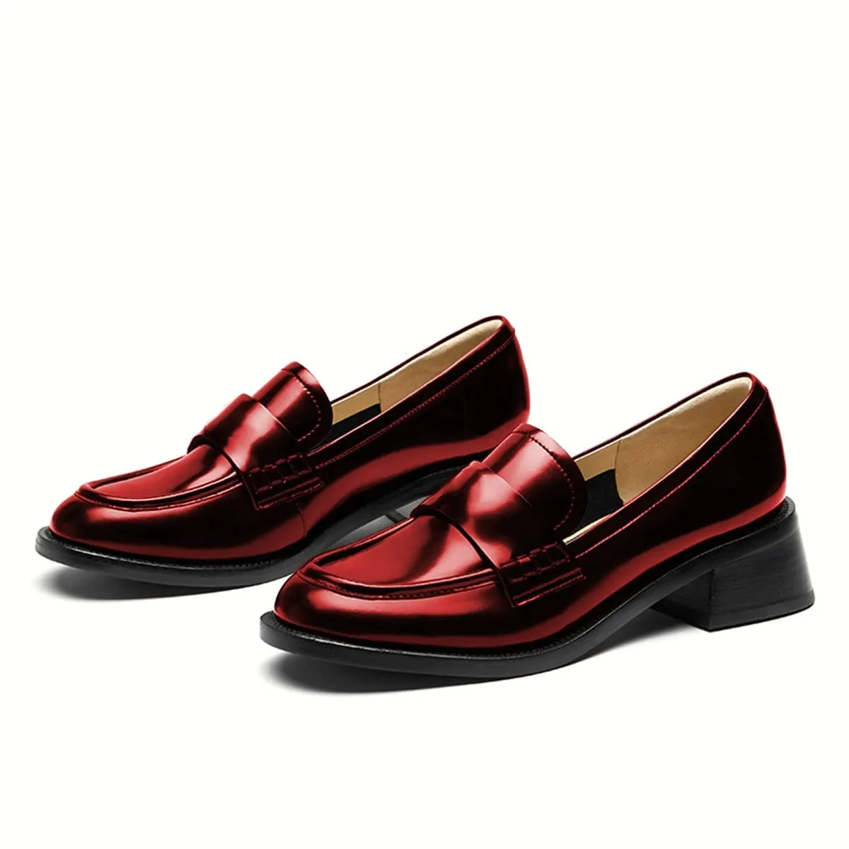 Casual Metallic Closed Round Toe Chunky Heeled Loafers in Maroon Nicepairs