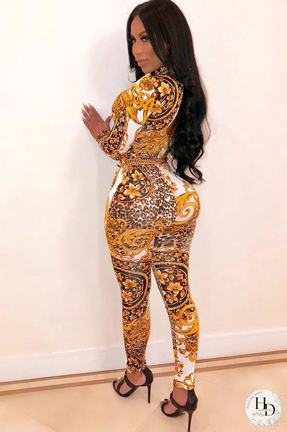 Yellow Polyester Long Sleeve Mid Print pencil Pants