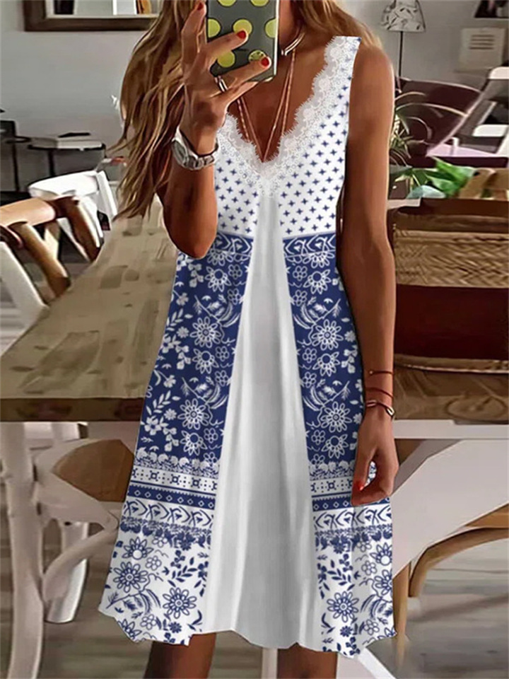 Summer Women's Lace Patchwork V-neck Print Dress Comfortable Loungewear Sleeveless Mid-length Dresses Dresses