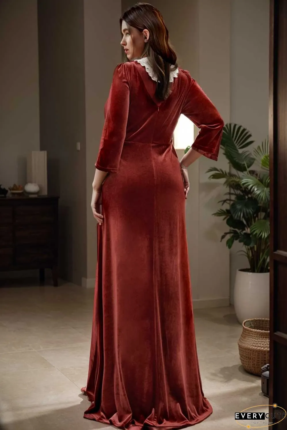 velvet 3 4 length sleeve illusion v neck front slit evening dress