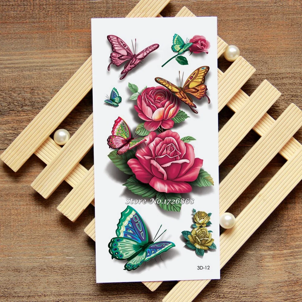 3D Red Rose Butterfly Fake Tattoo Decals Temporary Tattoo Body Art Flash Tattoo Stickers Waterproof #012