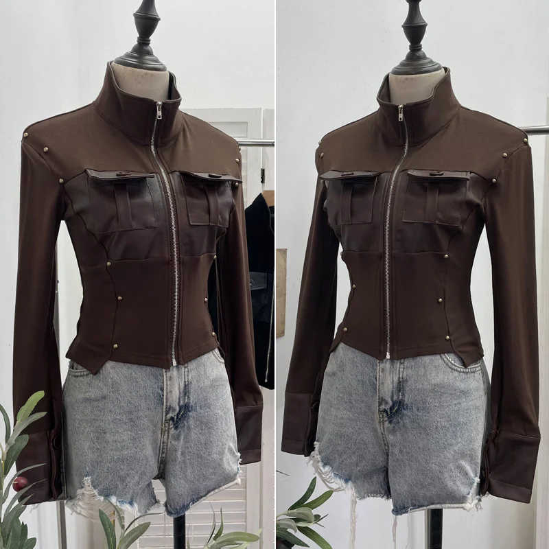 Nigikala Nigikala Modern Zipper Collar Spliced Pu Leather Shirt Babes Short Jacket Coat Fur Coat 1365