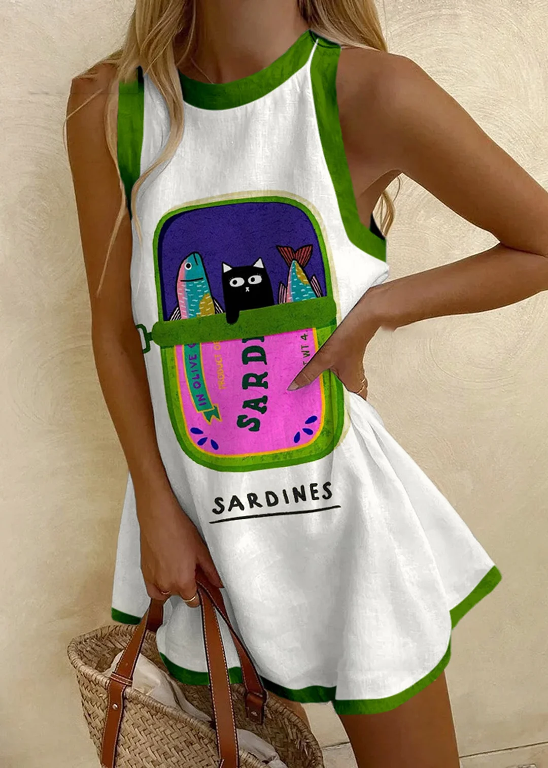 Cat And Sardines Canned Printed Sleeveless Mini Dress