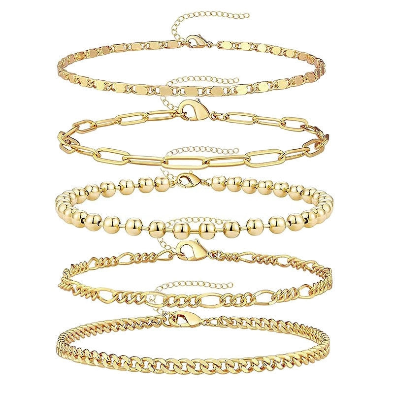 New Gold Bracelet Suit Fashion Simple Paper Clip Cuban Chain Round Bead Chain Bracelet For Women