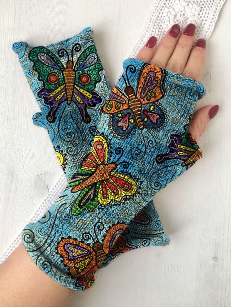 Retro butterfly knit fingerless gloves