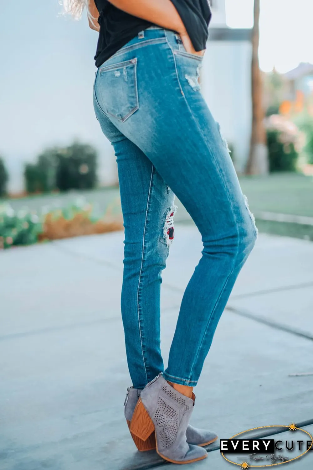 Red Plaid Patch Destroyed Skinny Jeans