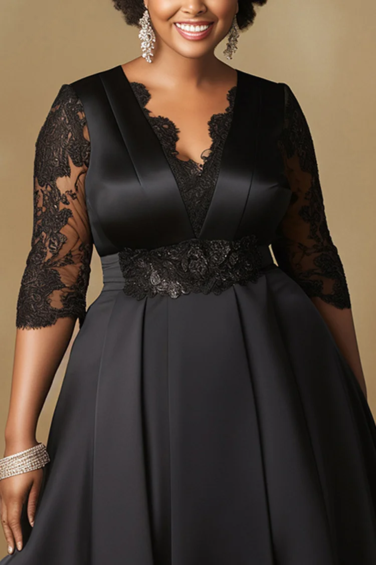 Xpluswear Design Plus Size Wedding Black V Neck Half Sleeve See Through Elegant Contrast Lace Satin Maxi Dresses [Pre-Order]