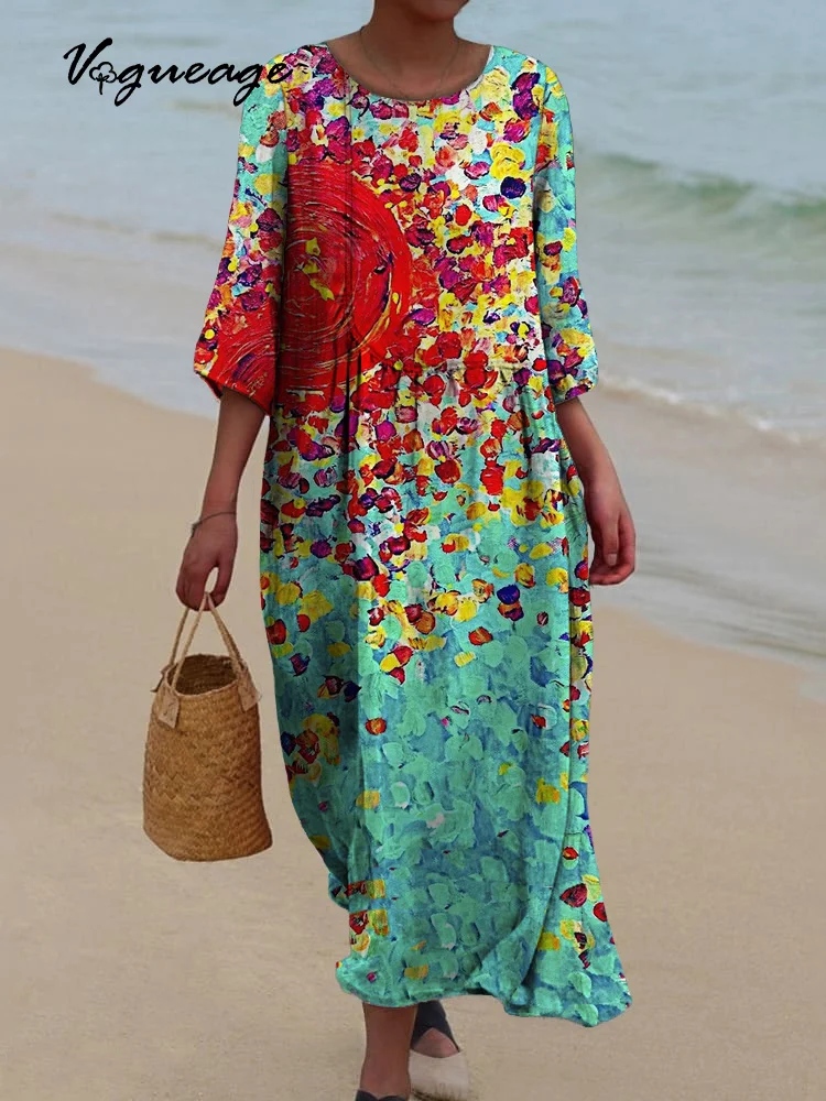 Bright And Stylish Art Painting Printed Women's Casual Cotton And Linen Dress