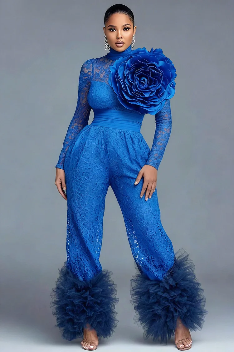 Xpluswear Design Plus Size Formal Blue High Collar Long Sleeve 3D Elegant Pocket Lace Jumpsuits 2024 - Xpluswear